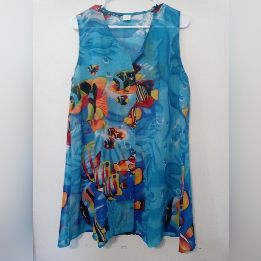 Tropical Coastal  all over Fish print sleeveless Button up Sheer Beach Cover up